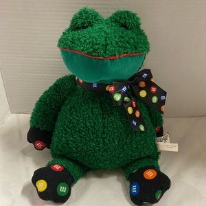 Vintage M&M Green Frog Weighted Bottom Plush Stuffed Animal Terry Cloth Bow Tie